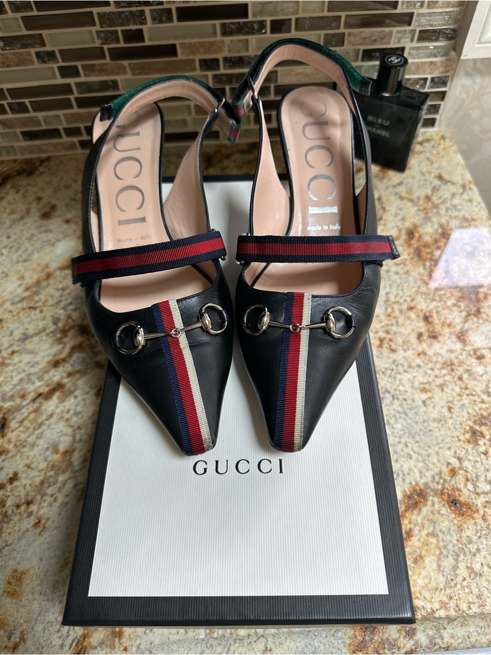 Gucci Black Leather Pointed Slingback Mules with Red & Blue Web